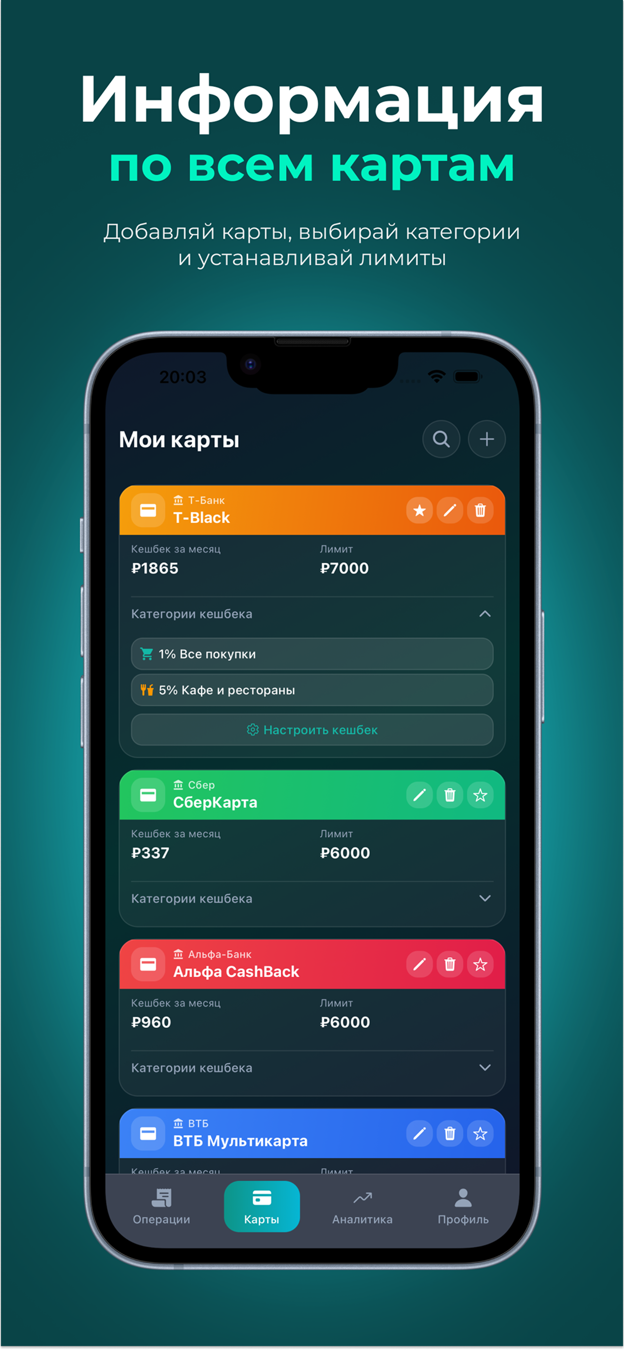 Управление банковскими картами и настройка лимитов кешбэка